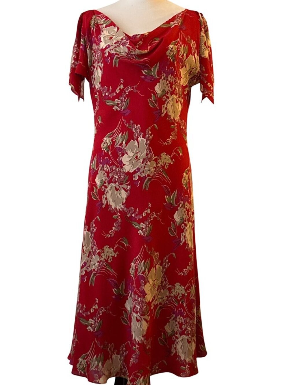 Vintage-style Red Floral Mid Draped Cowl Neckline 100% Silk Size 16